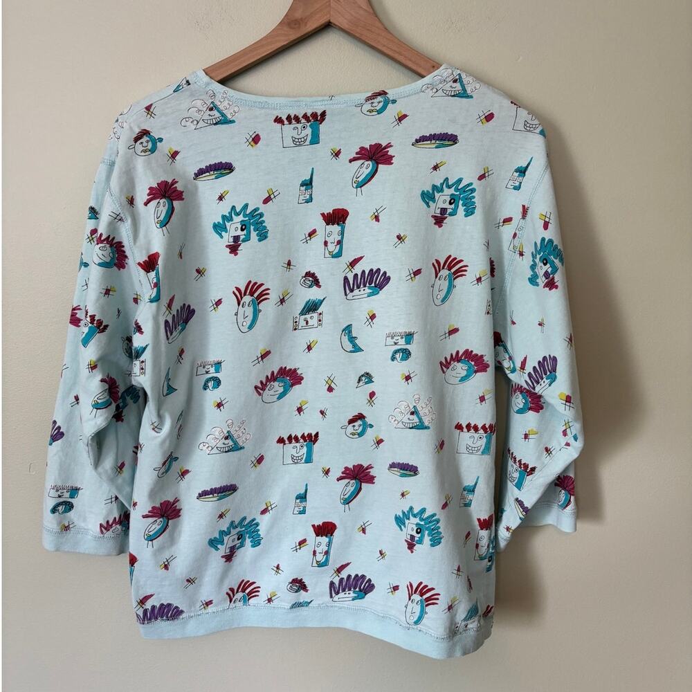 Vintage 80s Blue Robot Space Print 3/4 Sleeve Top Shirt M - Picture 5 of 8